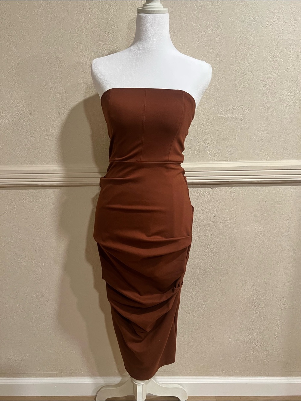 Fashion Nova Strapless Ruched Midi Dress in Brown